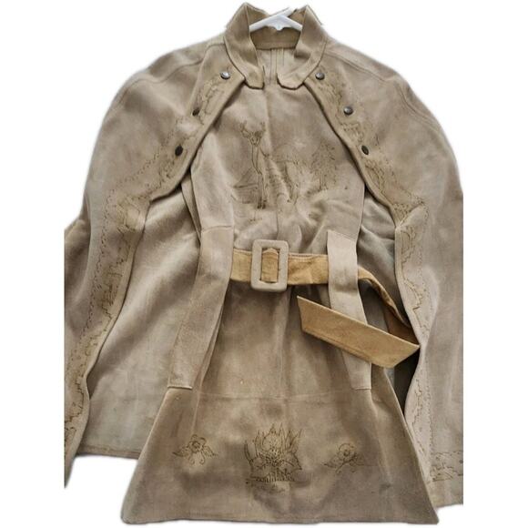 Vintage 60s 70s Leather Suede Poncho Snap Cape Hippie Boho Tan Tooled Western M - Picture 13 of 16